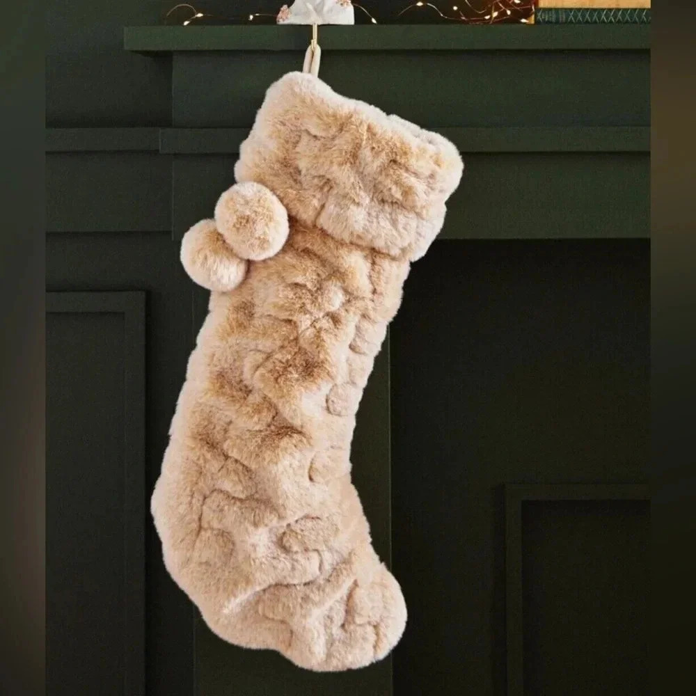 Anthropologie Stocking VERA Faux Fur Plush Christmas Holiday Soft beige pompom